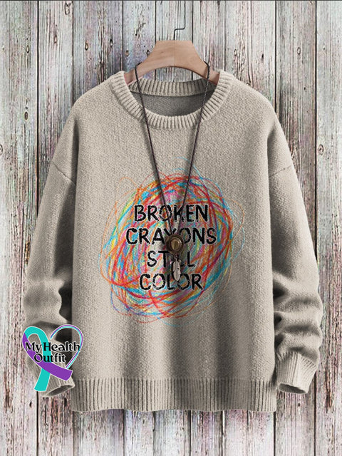 Broken Crayons Still Color Mental Health Awareness Print Casual Knit Pullover Sweater Khaki / S