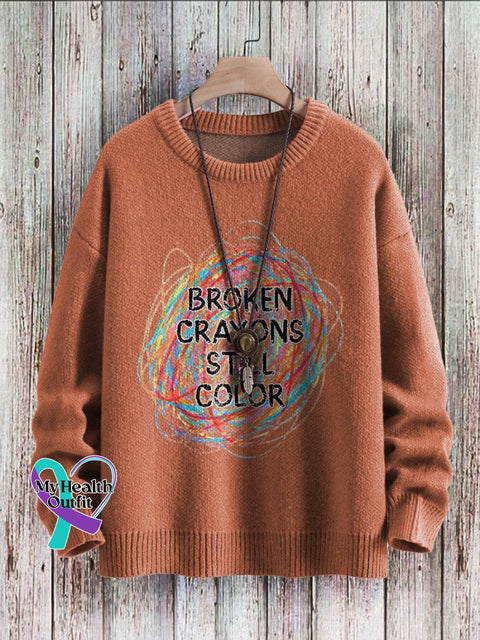 Broken Crayons Still Color Mental Health Awareness Print Casual Knit Pullover Sweater Orange / S