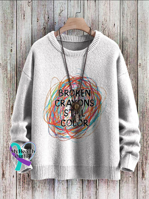 Broken Crayons Still Color Mental Health Awareness Print Casual Knit Pullover Sweater White / S