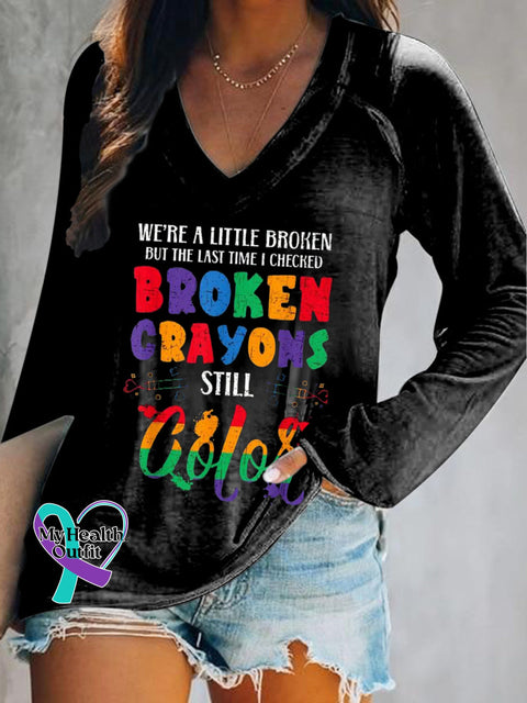 Broken Crayons Still Color Mental Health Matter Print Casual V-Neck Long Sleeve Top Multicolor / S