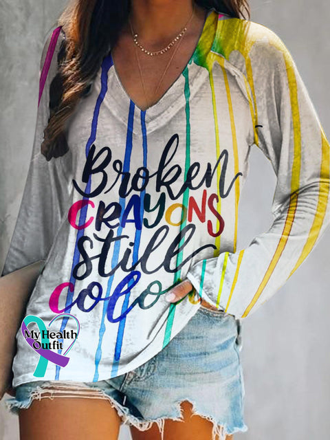 Broken Crayons Still Color Mental Health Matters Print Casual V-Neck Long Sleeve Top Multicolor / S