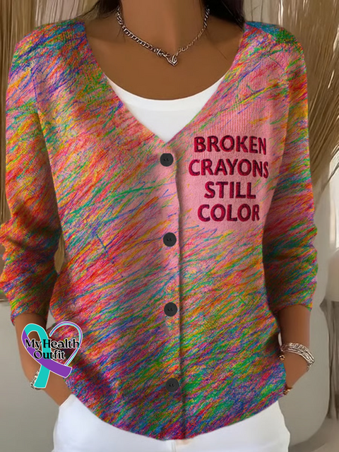 Broken Crayons Still Color Print Buttoned V neck Cardigan Sweater Multicolor / S