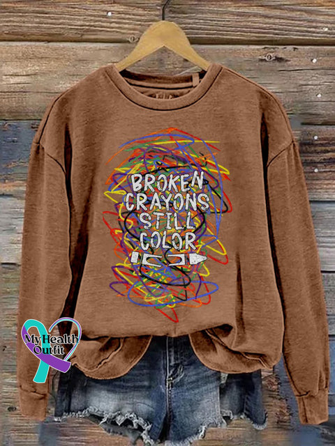 Broken Crayons Still Color Print Casual Sweatshirt Brown / S
