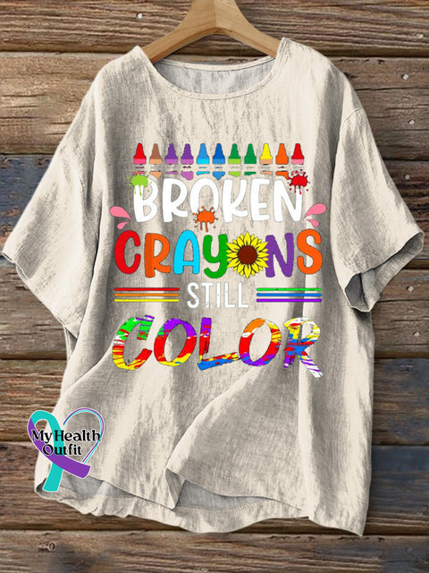 Broken Crayons Still Color Printed Cotton Linen Casual Shirt Beige / S
