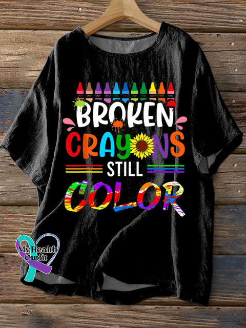 Broken Crayons Still Color Printed Cotton Linen Casual Shirt Black / S