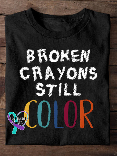 Broken Crayons Still Color Semicolon Suicidal Prevention Print Casual T-Shirt Black / S