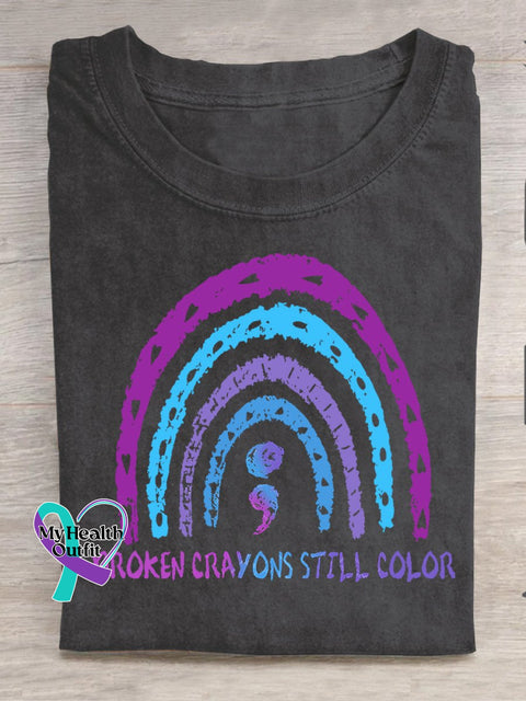 Broken Crayons Still Color Semicolon Suicidal Prevention Print Casual T-Shirt Black / S