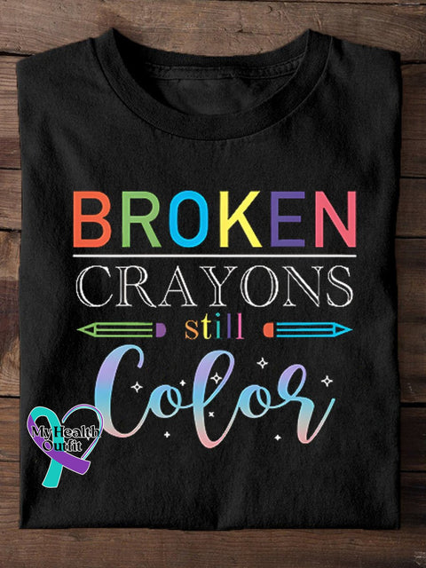 Broken Crayons Still Color Semicolon Suicidal Prevention Print Casual T-Shirt Black / S