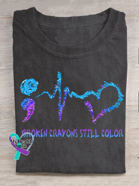 Broken Crayons Still Color Semicolon Suicidal Prevention Print Casual T-Shirt Black / S