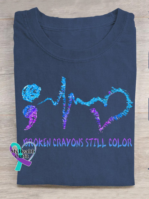 Broken Crayons Still Color Semicolon Suicidal Prevention Print Casual T-Shirt Blue / S