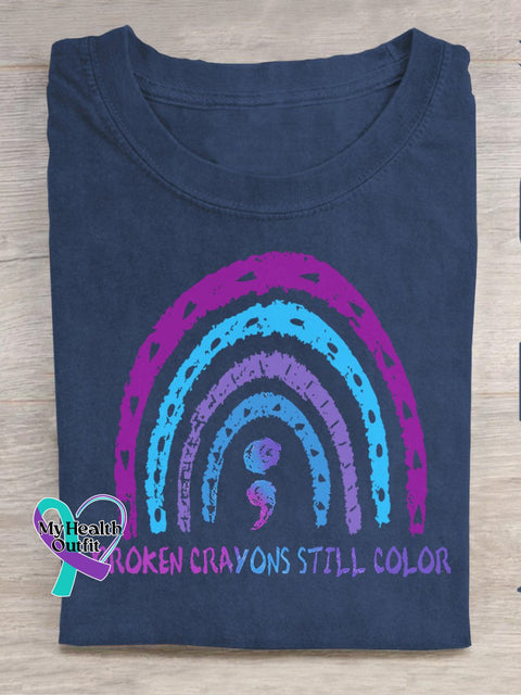 Broken Crayons Still Color Semicolon Suicidal Prevention Print Casual T-Shirt Blue / S