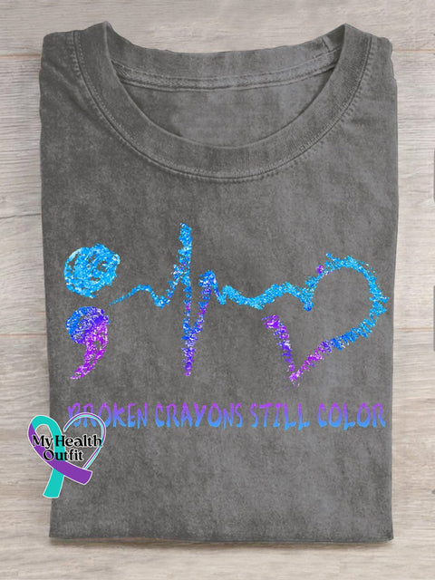 Broken Crayons Still Color Semicolon Suicidal Prevention Print Casual T-Shirt Gray / S