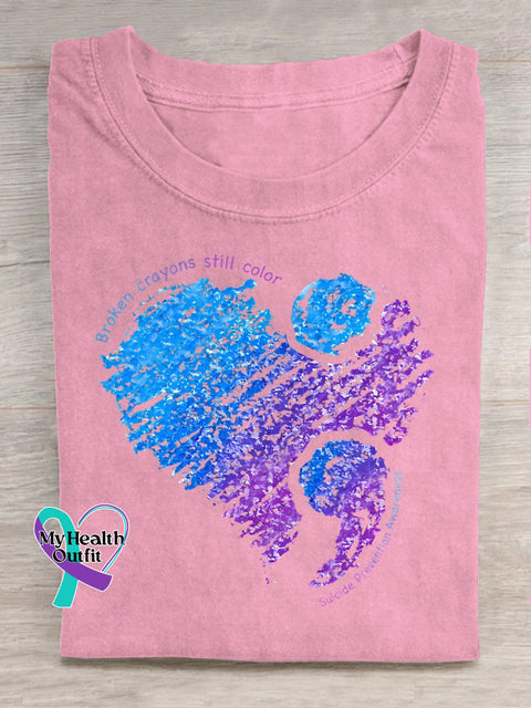 Broken Crayons Still Color Semicolon Suicidal Prevention Print Casual T-Shirt Pink / S