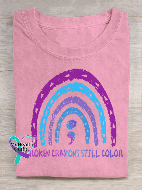 Broken Crayons Still Color Semicolon Suicidal Prevention Print Casual T-Shirt Pink / S