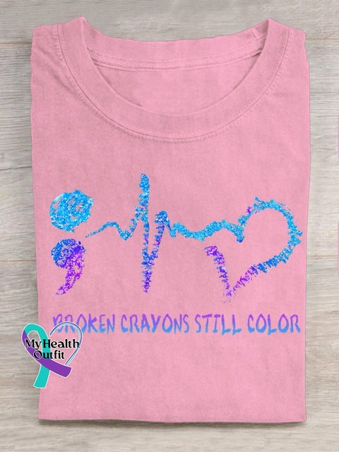 Broken Crayons Still Color Semicolon Suicidal Prevention Print Casual T-Shirt Pink / S