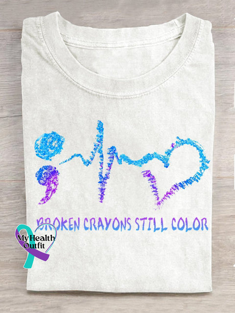 Broken Crayons Still Color Semicolon Suicidal Prevention Print Casual T-Shirt White / S