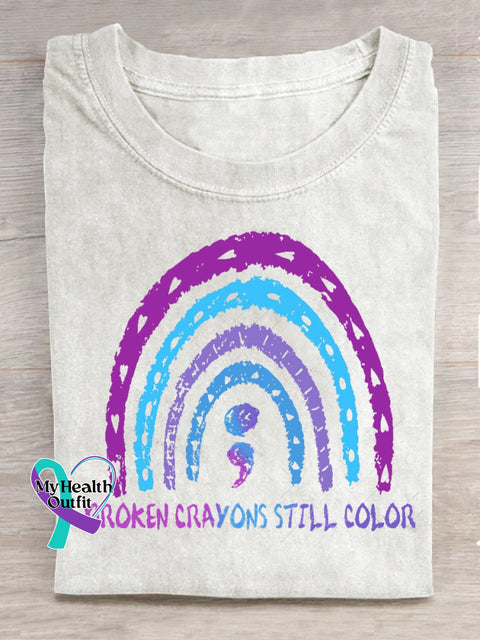 Broken Crayons Still Color Semicolon Suicidal Prevention Print Casual T-Shirt White / S