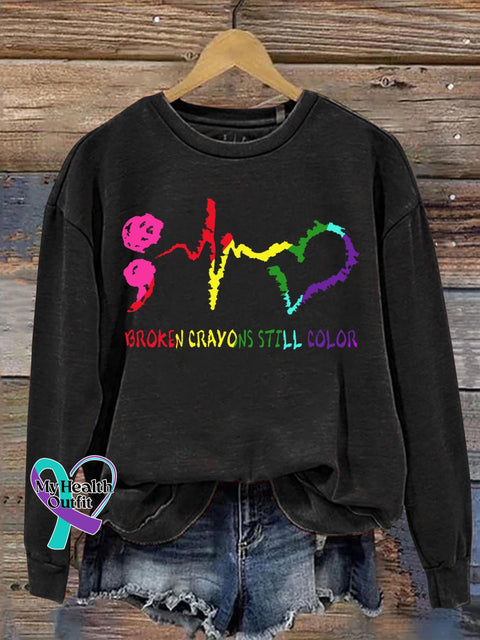 Broken Crayons Still Color Suicide Awareness Art Print Casual Sweatshirt Black / S