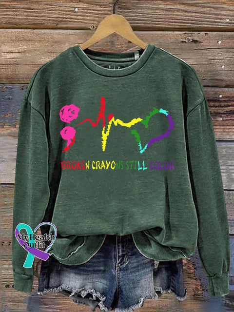Broken Crayons Still Color Suicide Awareness Art Print Casual Sweatshirt Green / S