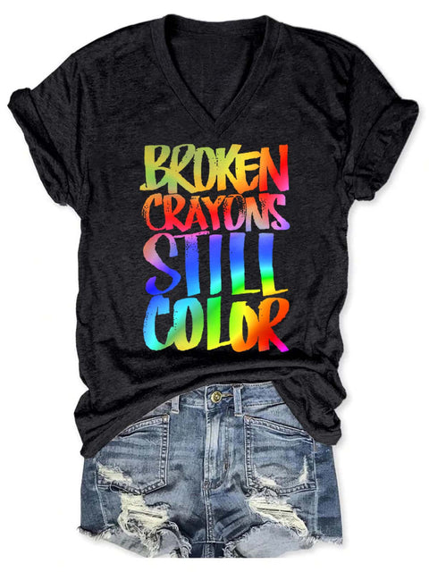 Broken Crayons Still Color V-neck Casual T-Shirt Black / S