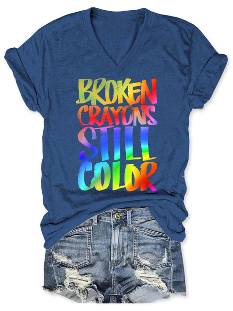 Broken Crayons Still Color V-neck Casual T-Shirt Blue / S