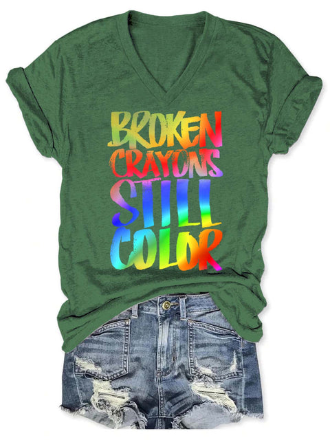 Broken Crayons Still Color V-neck Casual T-Shirt Green / S