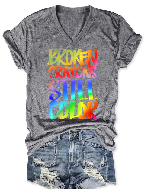Broken Crayons Still Color V-neck Casual T-Shirt Grey / S