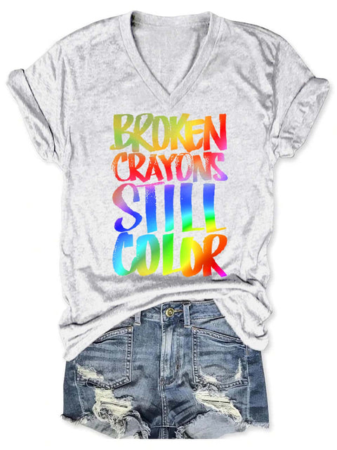 Broken Crayons Still Color V-neck Casual T-Shirt White / S