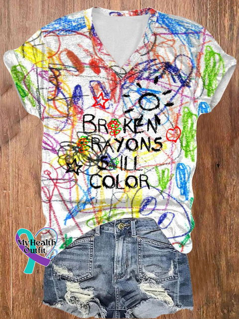 Broken Crayons Still Colorful Unisex Print Crew Neck T-Shirt White / L