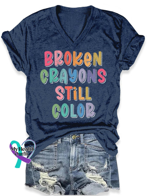 Broken Crayons Still Colors Art Print Casual T-Shirt Navy Blue / S