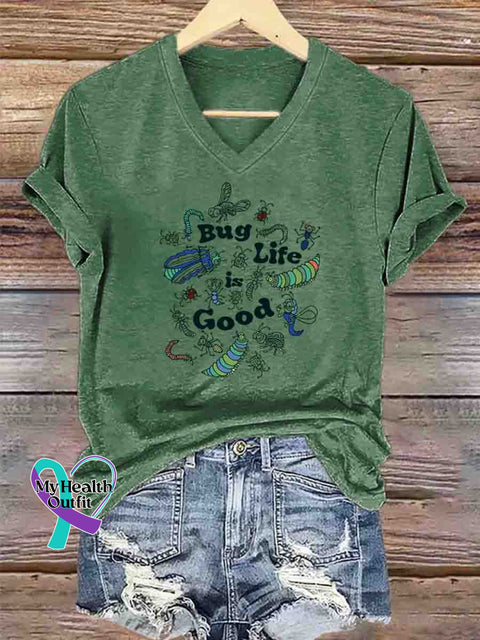 Bug Life Is Good Art V-neck Casual T-Shirt Green / S