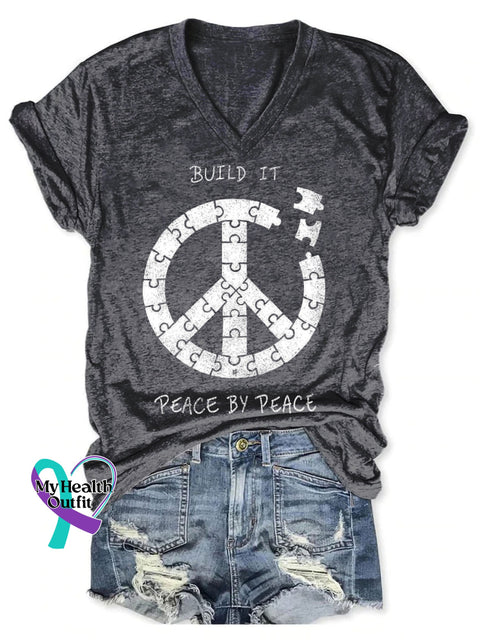 Build It Peace By Peace Art Print V-neck Casual T-Shirt Black / S