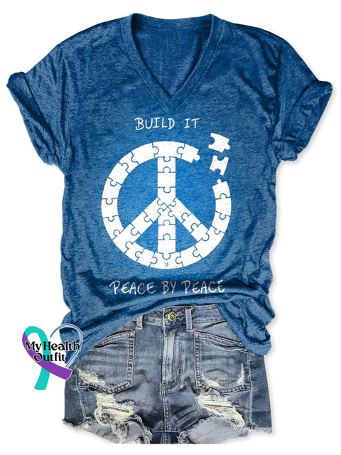 Build It Peace By Peace Art Print V-neck Casual T-Shirt Blue / S