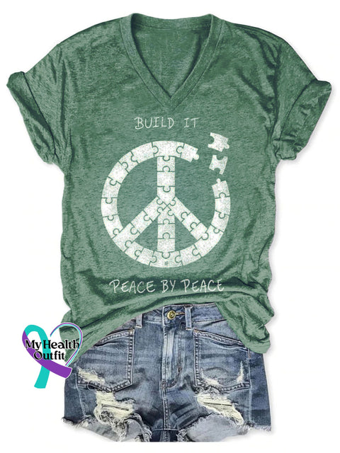 Build It Peace By Peace Art Print V-neck Casual T-Shirt DarkGreen / S