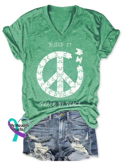 Build It Peace By Peace Art Print V-neck Casual T-Shirt Green / S
