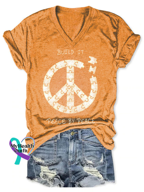 Build It Peace By Peace Art Print V-neck Casual T-Shirt Orange / S