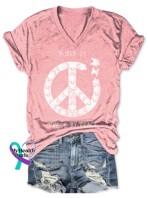Build It Peace By Peace Art Print V-neck Casual T-Shirt Pink / S