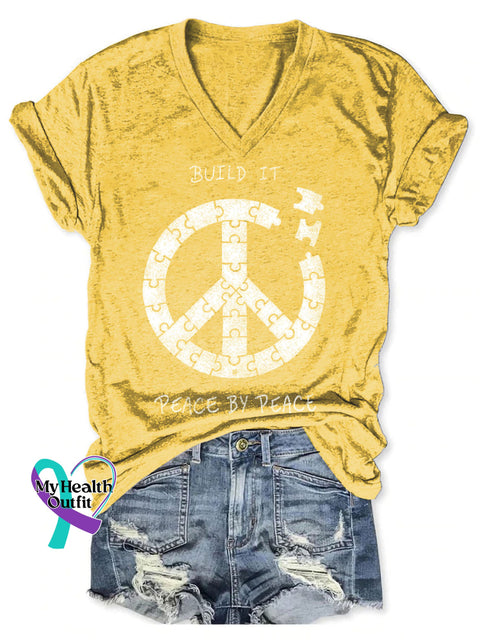 Build It Peace By Peace Art Print V-neck Casual T-Shirt Yellow / S