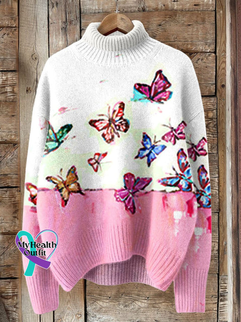 Butterfly Art Breast Cancer Awareness Print Knit Turtleneck Pullover Sweater Multicolor / S