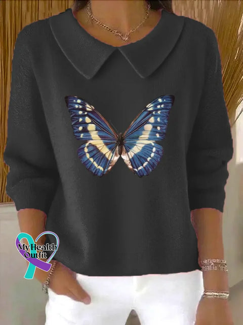 Butterfly Art Print Casual Peter Pan Collar 3/4 Sleeve Sweat Black / S