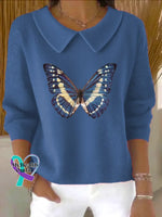 Butterfly Art Print Casual Peter Pan Collar 3/4 Sleeve Sweat Blue / S