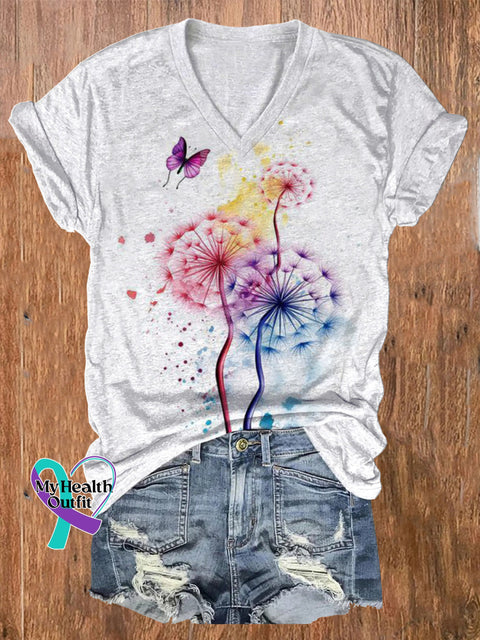 Butterfly Dandelion Flying Print Casual V-neck Short-sleeved T-shirt Multicolor / S