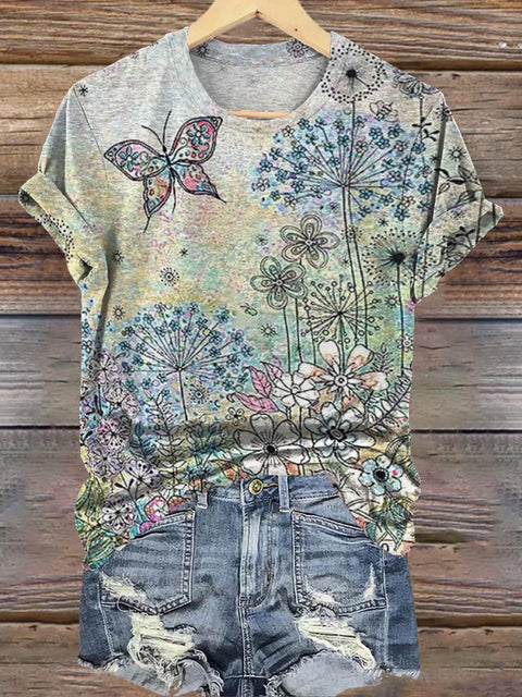 Butterfly Floral Dandelion Print Casual Round Neck Short Sleeve T-Shirt Multicolor / S