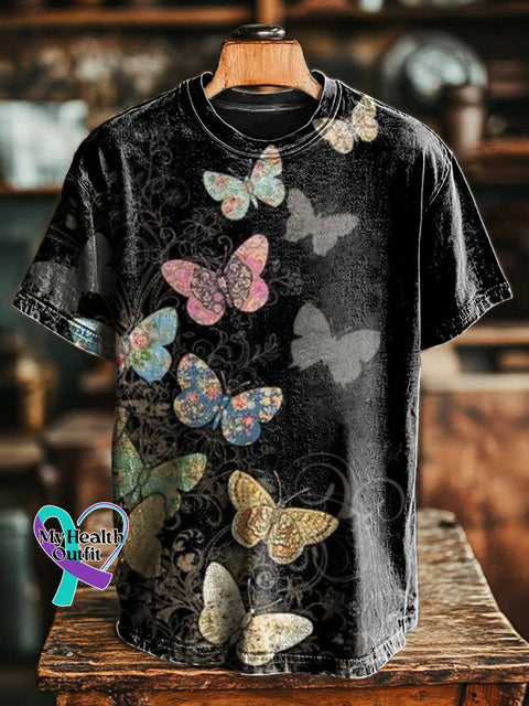 Butterfly Flutter Print Casual Round Neck Short Sleeve T-Shirt Multicolor / S