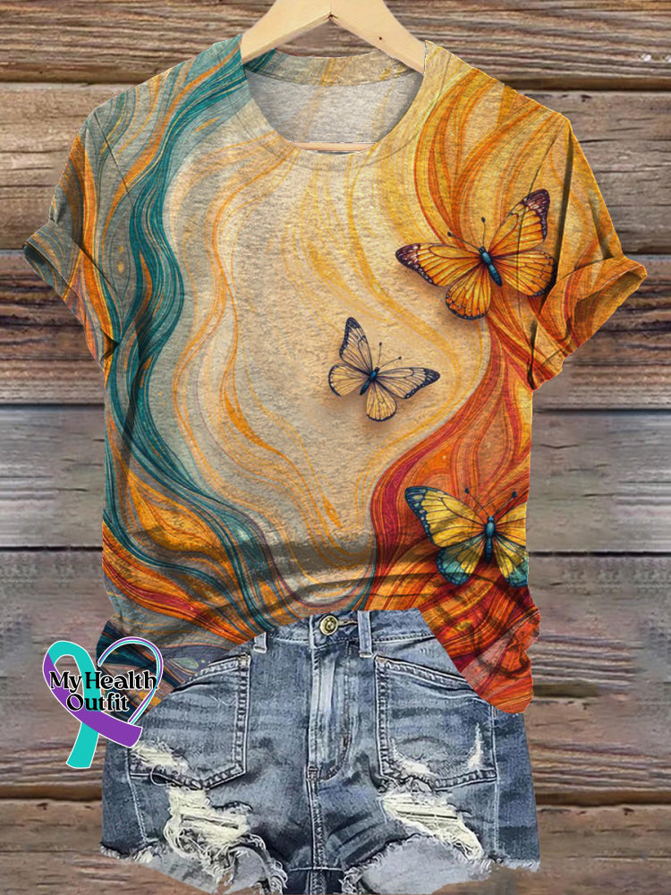 Butterfly Gradient Wave Print Casual Round Neck Short Sleeve T-Shirt Multicolor / S
