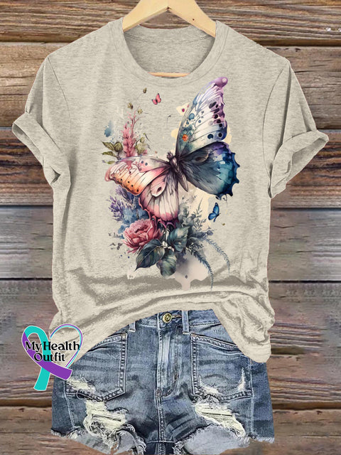 Butterfly Rose Print Casual Round Neck Short Sleeve T-Shirt Beige / S