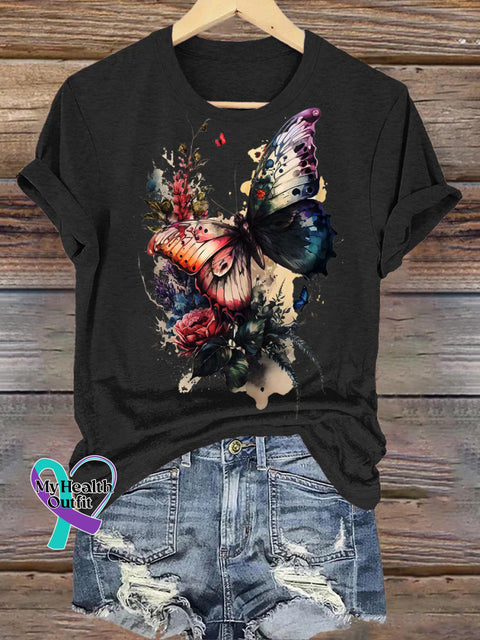 Butterfly Rose Print Casual Round Neck Short Sleeve T-Shirt Black / S
