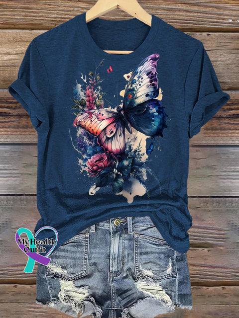 Butterfly Rose Print Casual Round Neck Short Sleeve T-Shirt NavyBlue / S
