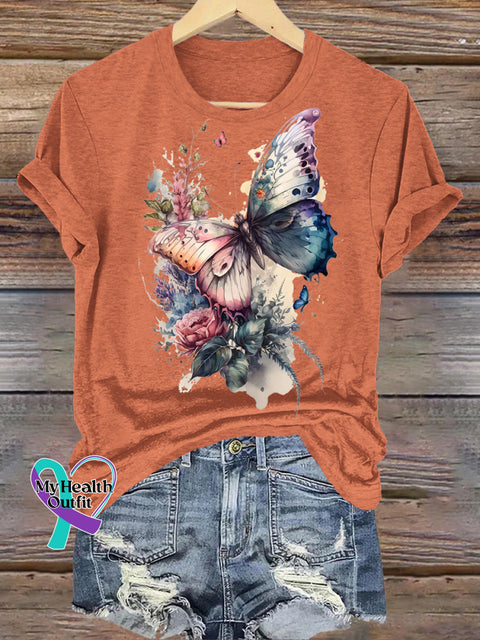 Butterfly Rose Print Casual Round Neck Short Sleeve T-Shirt Orange / S