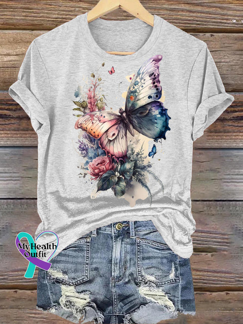 Butterfly Rose Print Casual Round Neck Short Sleeve T-Shirt White / S